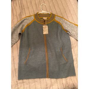 0032 Hem & Thread Blue, Gray and Mustard Zip-Front Cardigan Sweater
